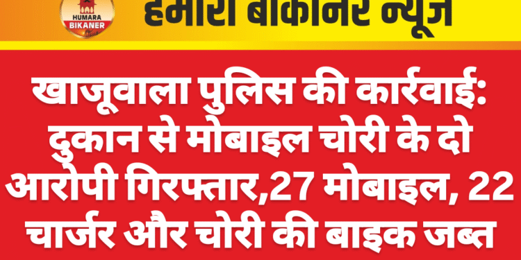 खाजूवाला पुलिस की कार्रवाई: दुकान से मोबाइल चोरी के दो आरोपी गिरफ्तार,27 मोबाइल, 22 चार्जर और चोरी की बाइक जब्त