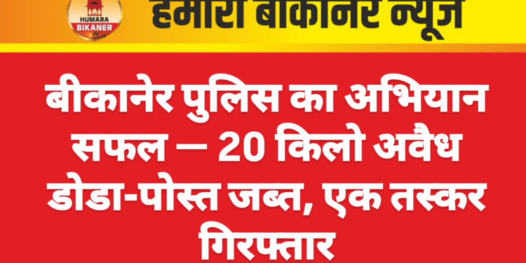 बीकानेर पुलिस का अभियान सफल — 20 किलो अवैध डोडा-पोस्त जब्त, एक तस्कर गिरफ्तार